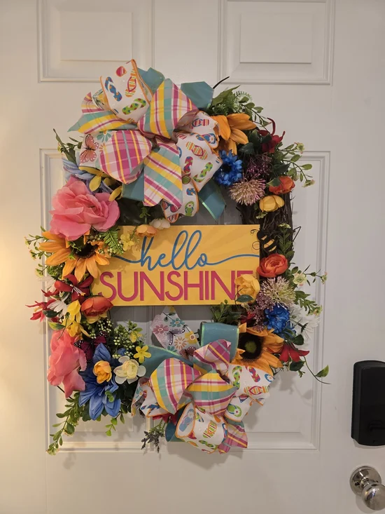 Hello Sunshine Floral Spring Wreath with Rainbow Bows