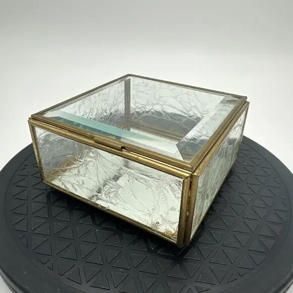 Vintage Glass Brass Trinket Box Etched Frosted Glass