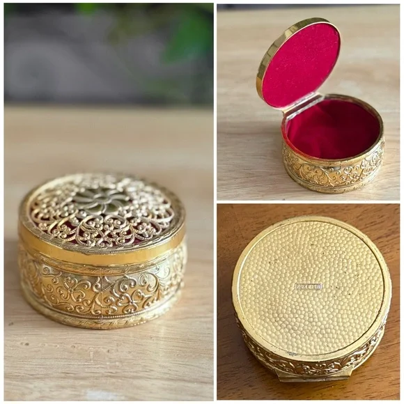 Vintage Gilt Brass Trinket Box Red Velvet Lined Foreign Marked Ornate Filigree
