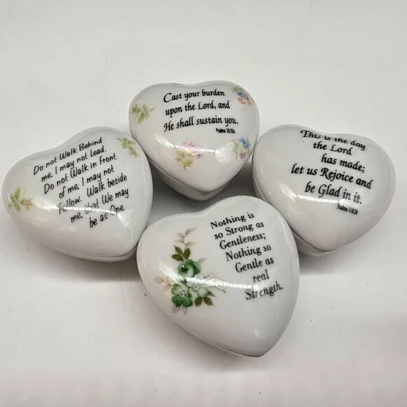 Heart-Shaped Porcelain Trinket Boxes With Inspirational Quotes & Floral Set 4