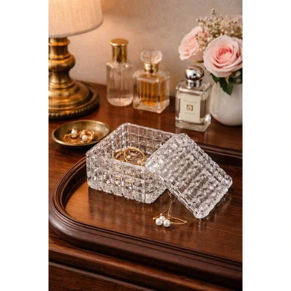 Vintage Clear Crystal Waffle Grid Square Trinket‎ Box with Lid Heavy Vanity