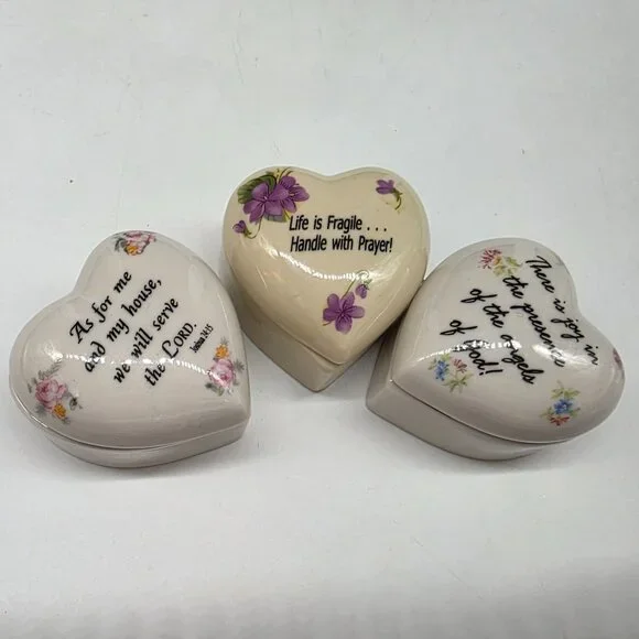 Heart-Shaped Ceramic Trinket Boxes Set Of 3 Inspirational Quotes Floral Designs