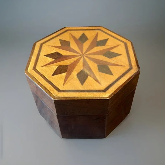 Vtg 80s‎ Octagonal Inlaid Marquetry Wooden Trinket Jewelry Box Hinged Velour