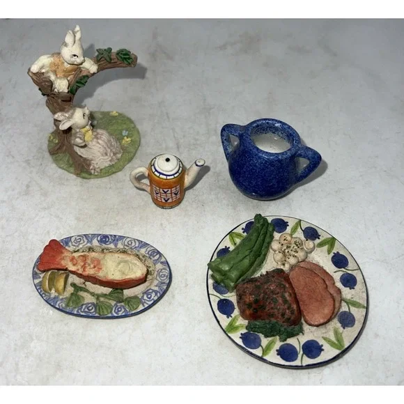 Dollhouse Miniature Food Plates Fish Roast Beef Teapot And Rabbit Figurine