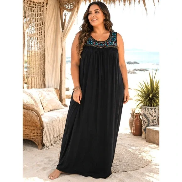 MICHAEL KORS Black Sleevelss Tank Maxi Dress Size 1X Beaded Neckline Boho Beach