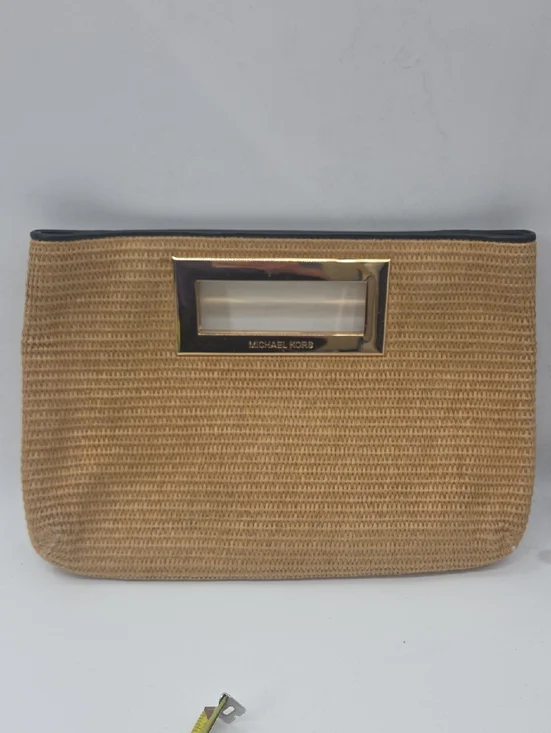 Michael Kors Tan Woven Clutch with Gold Handle Detail