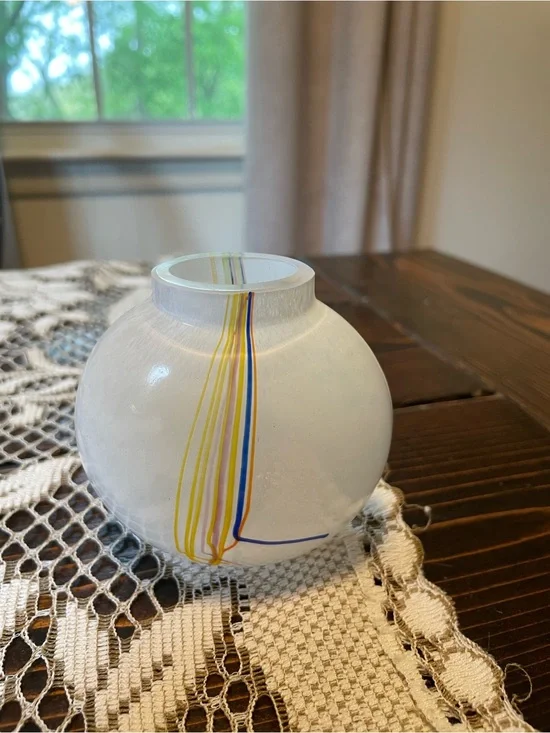 Kosta Boda Bertil Vallien Rainbow White Orb Vase Yellow, Blue and Orange Stripe