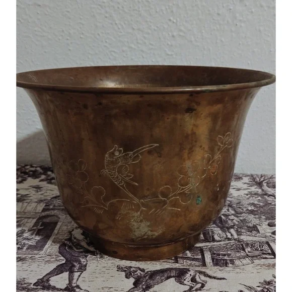 Vintage Brass Etched Planter/Bowl Made In Hong Kong