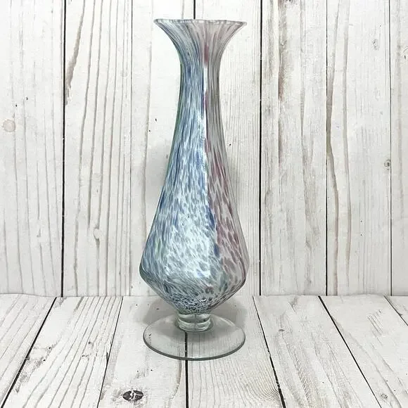 Lavorazione Murano Glass Bud Vase Fluted Twisted-Stem Blue Green Pink Speckled