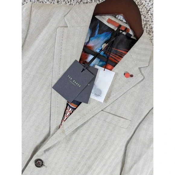 Ted Baker Linen Blend Sport Coat Size 1‎ 34R Herringbone Gray NWT