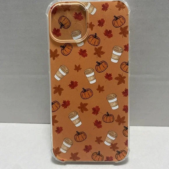 iPhone 15 Slim Shockproof Case W/TPU Bumper Autumn Pumpkin Maple Leaf Coffee