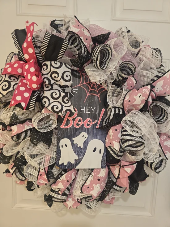 Hey Boo! Pink & Black Halloween Deco Mesh Wreath