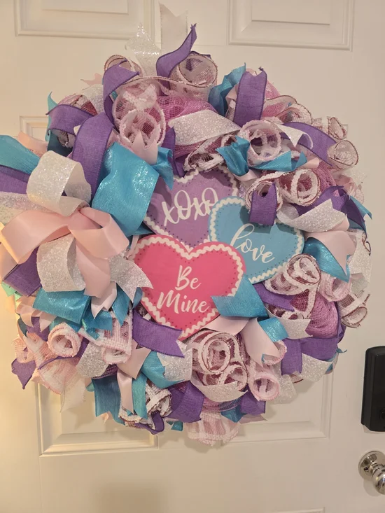 Valentine Ribbon Heart Wreath - Pink, Purple, Teal