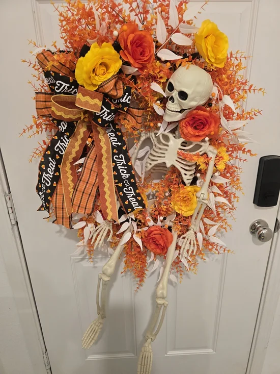 Halloween Skeleton Wreath with Orange & Yellow Flowers Candy Corn