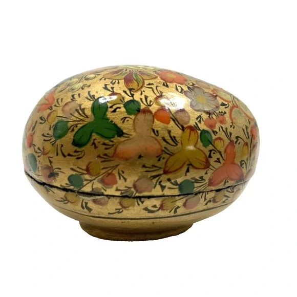 Vintage Hand Painted Lacquer Trinket Box Gold Metallic Floral Egg Shape Easter