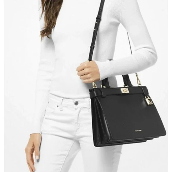 Michael Kors‎ Tatiana Convertible Satchel Crossbody Handbag Black Leather