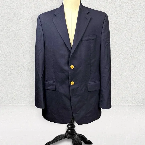 VTG Lauren Ralph Lauren Men Wool Blazer Men 42 Navy‎ Blue Gold Button Sport Coat