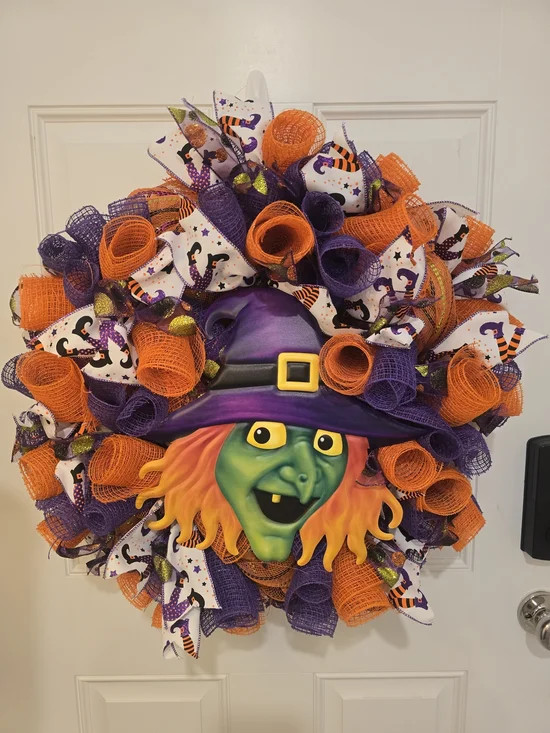 Halloween Witch Door Wreath - Purple & Orange Witch