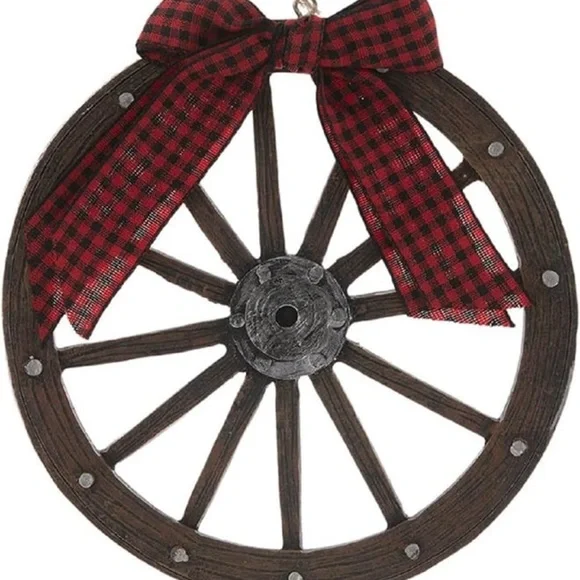 Wagon Wheel with Buffalo Checkered Bow Ornament Western Christmas Decor