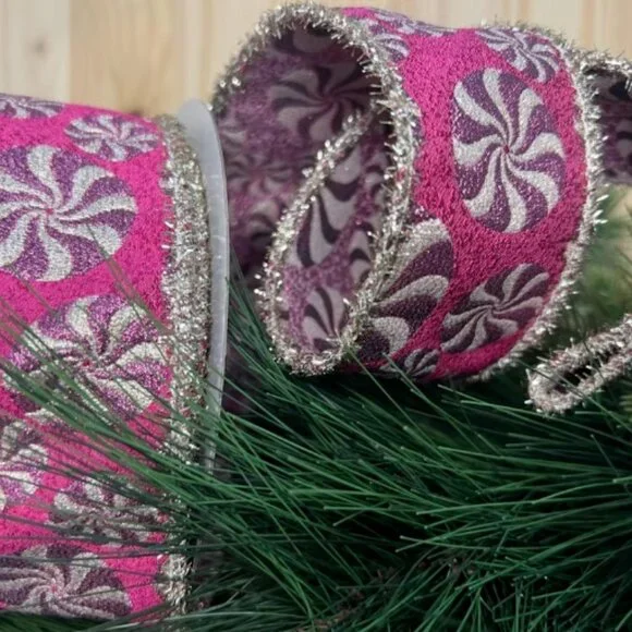 Sweet Pink Peppermint Jacquard Ribbon with Silver Tinsel Edging Christmas Crafts