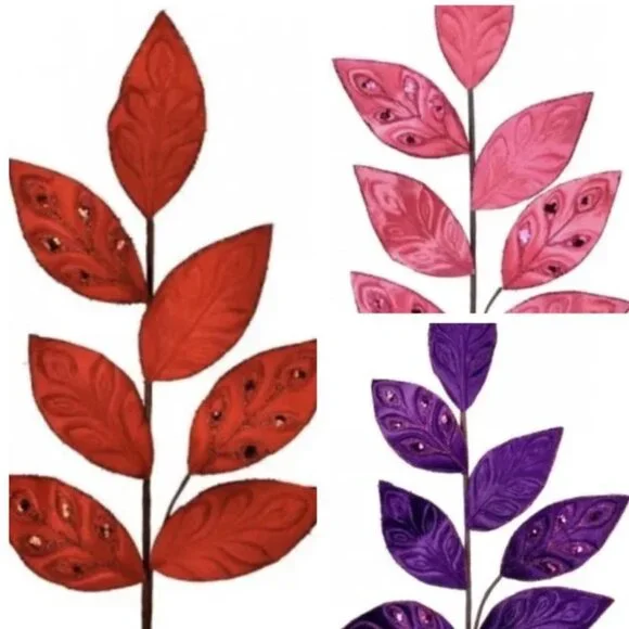 Velvet Leaf Spray with Jewels Pick Stem Christmas Tree Decor Wreath Accent