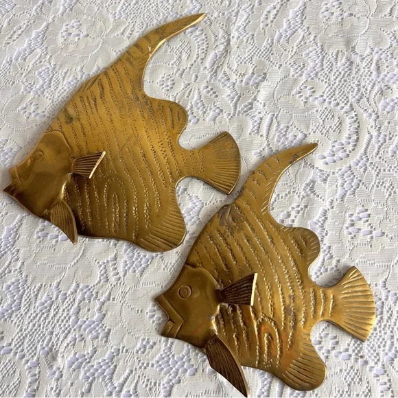 Set of 2 Vintage Brass Angel Fish Wall Decor.