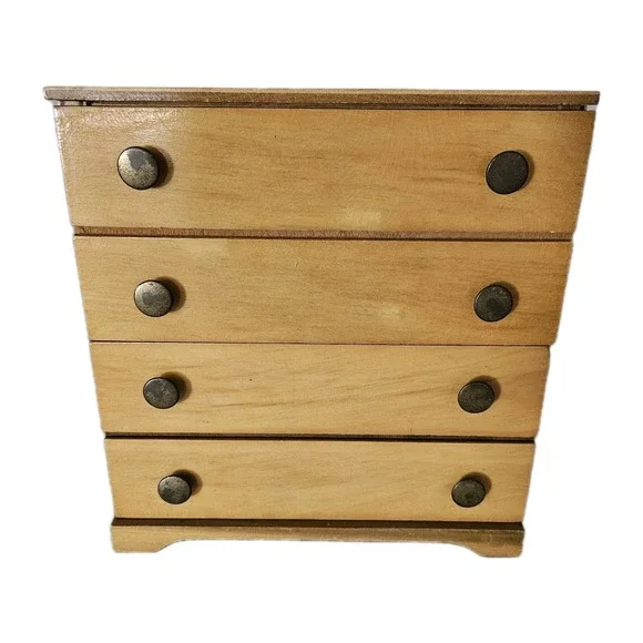 Vintage Mini Dresser Chest Drawers Jewelry Box Maple Brass Doll Furniture
