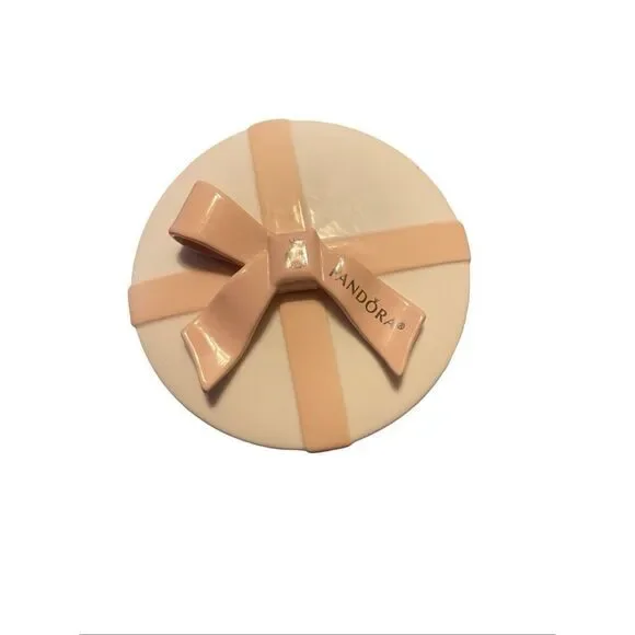 Pandora Cream and Pink Bow Porcelain Round Keepsake Jewelry Trinket Box
