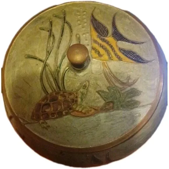 Vintage Under Sea Life Cloisonne Brass Enamel Trinket Powder Box,