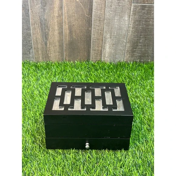 Black Wooden Jewelry Box Greek Key Mirrored Inlay 2 Tier Storage Organizer‎