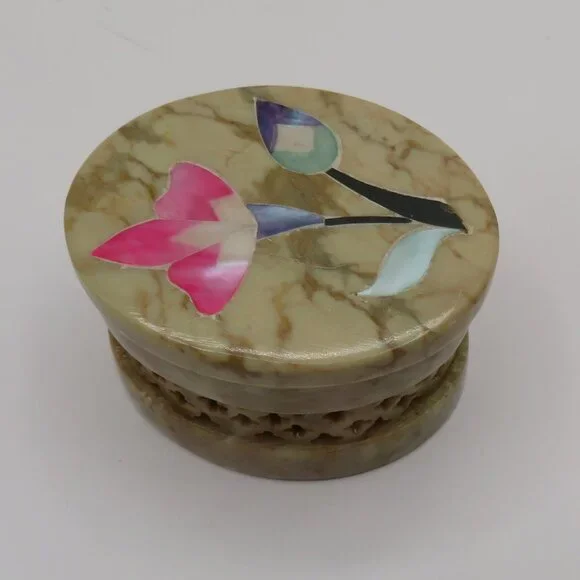 Soapstone Mother Of Pearl Trinket Box