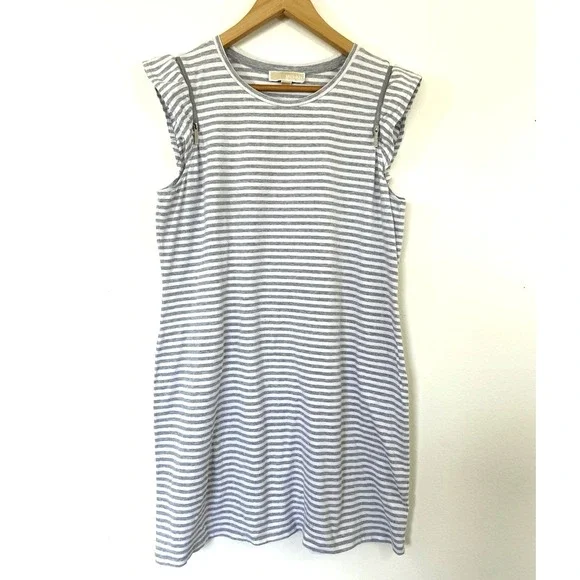 Michael Kors Womens Striped Ruffle Sleeve Mini Dress Size XL Grey White Casual