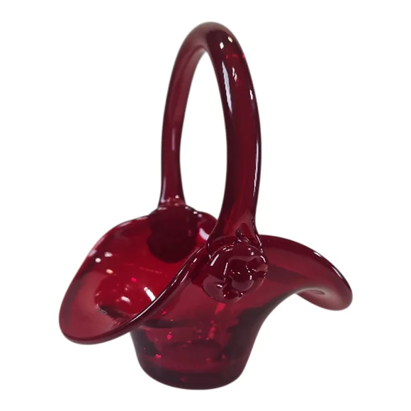 Vintage Red Art Glass Basket Small Hand Blown Style Decorative Display Bowl