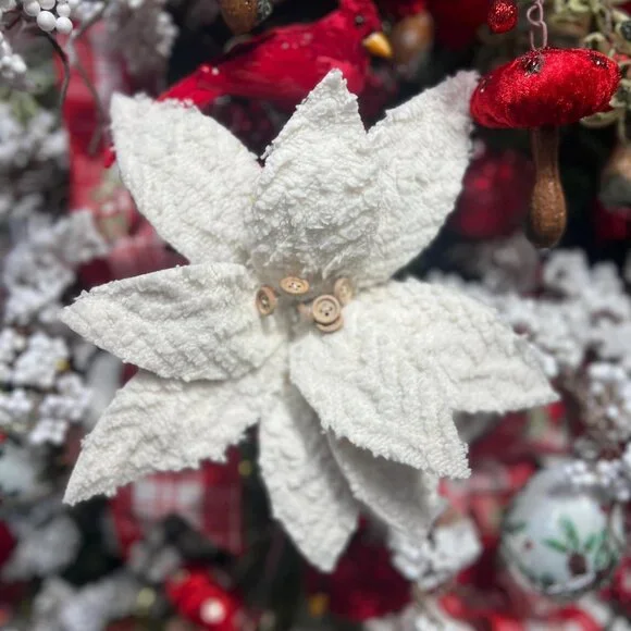 22 inch Winter Chalet White Poinsettia with Buttons Christmas Tree Accent Decor
