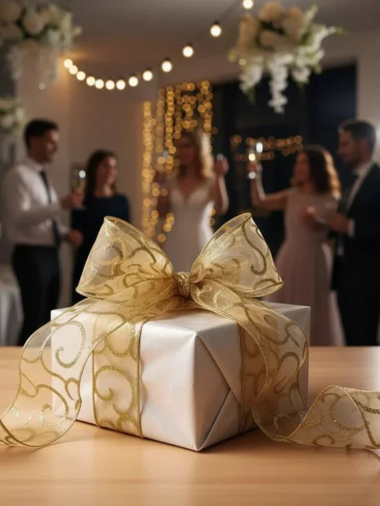 Gold Glitter Swirl Sheer Ribbon 30ft x 2.5