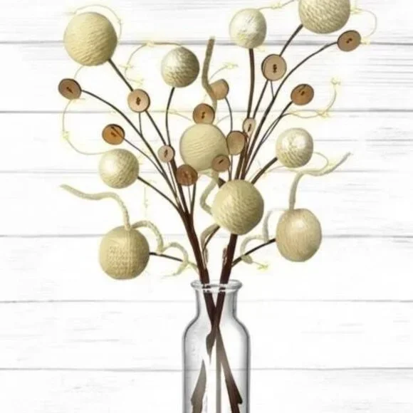 Twine Ball with Button Spray Christmas Tree Trimming Decor Holiday Wreath Accent