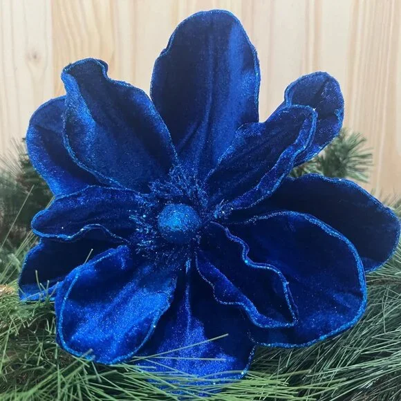 Sapphire Blue Deluxe Velvet Magnolia Floral Stem Pick Holiday Craft Supplies