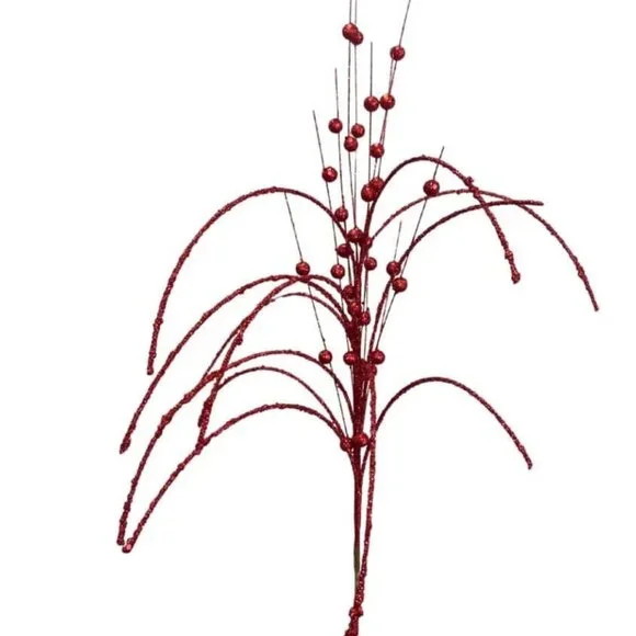 Large Red Glitter Millet Grass Ball Spray Christmas Stem Pick Wreath Accent