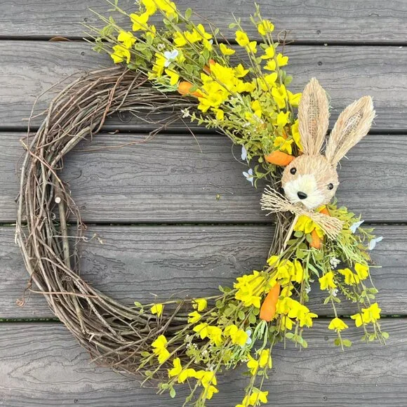 Spring Bunny Rafta Easter Wreath with Yellow Flowers with Carrots Home Decor