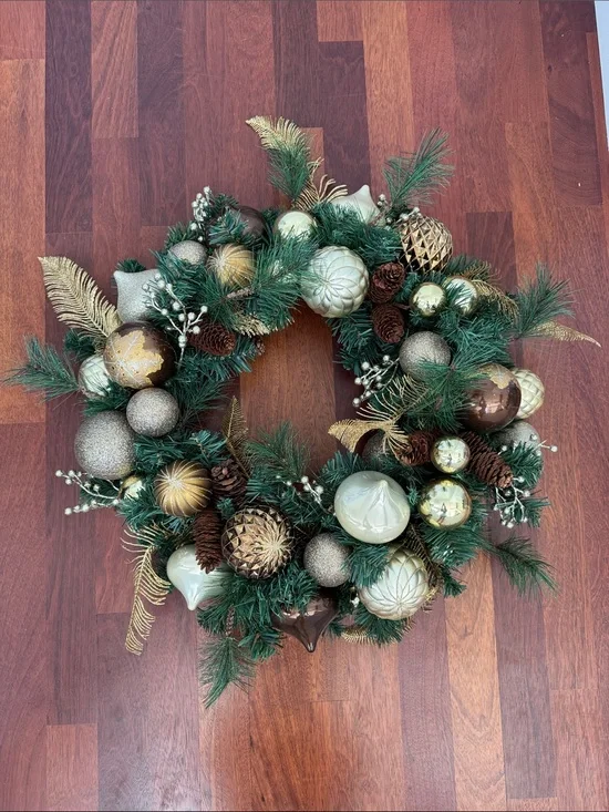 Holiday Pine Wreath with Gold and Green Ornaments