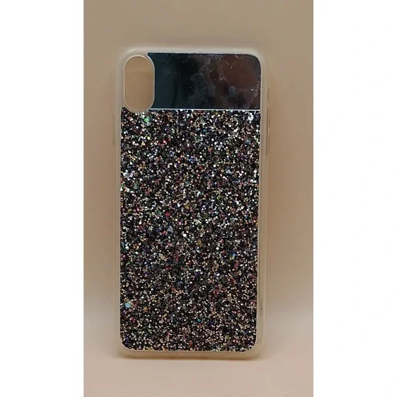 Black Glitter iPhone Case with Built-in Mirror Panel Clear TPU Bumper Sparkly