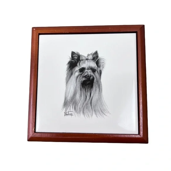 VINTAGE Yorkshire Terrier wooden porcelain trinket jewelry BOX