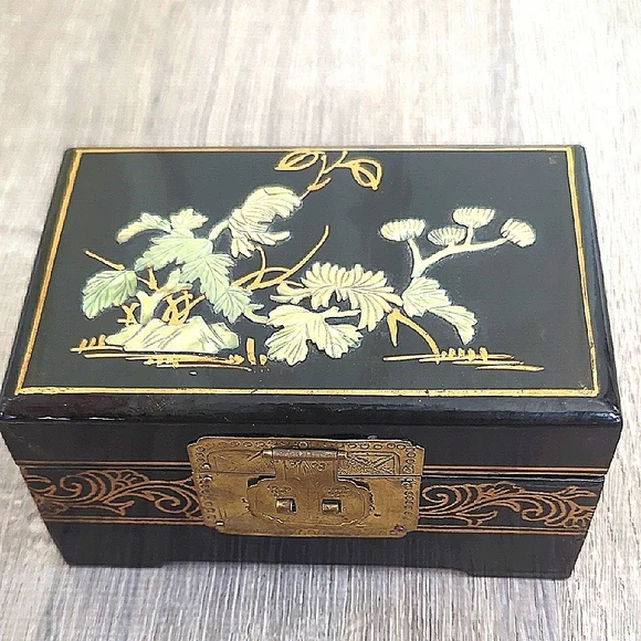 Vintage Chinese Black Lacquer Hand Painted Mother-of-Pearl Inlay Jewelry Box