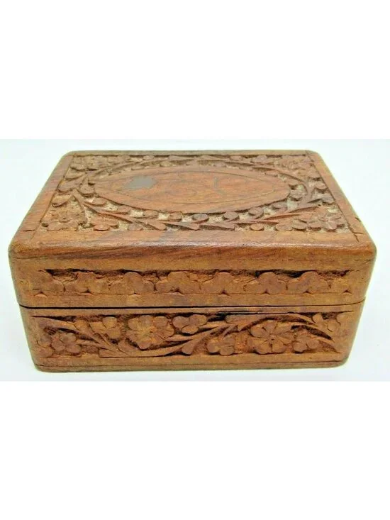 Vintage Hand Carved Floral Ivy Wooden Trinket Box India 5x3x2