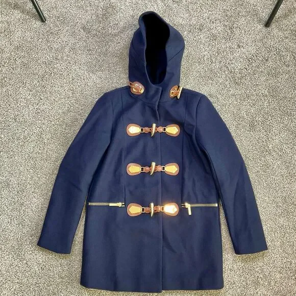 NEW Michael Kors Wool Hooded Duffle Coat Jacket‎ Womens Small Toggle Winter Blue