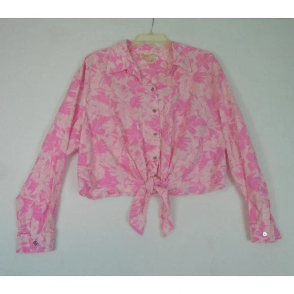 Michael Kors XL‎ Cropped Shirt Top Women Tie Dye Floral Print Pink Barbie