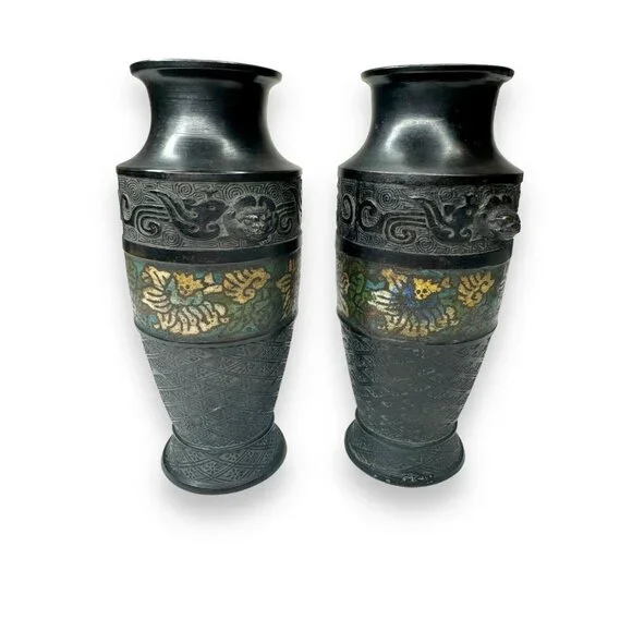 Pair Chinese Champlevé Bronze Vases Taotie Mask Blackened Bronze 6.87”