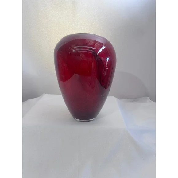 Red Art Glass Bulbus Vase Black Swirls Pontil Finish Tall Wide‎