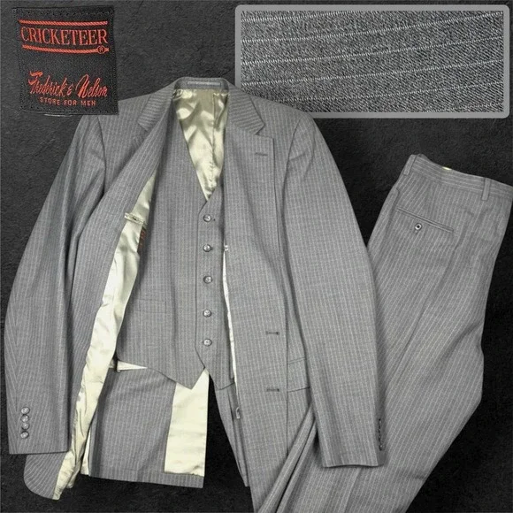 Vtg Cricketeer 3 Piece Suit Mens 42L Grey Wool Pinstripe Union Made USA Mobster