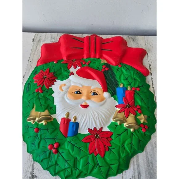 Vintage celluloid Santa hanging‎ wreath bell molded poinsettia Xmas decor